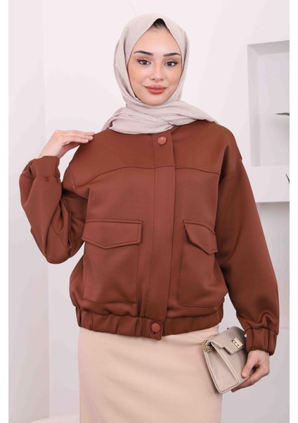 Kahverengi Ön Fermuarlı Cepli Scuba Ceket