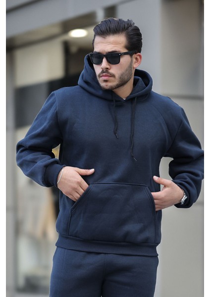 Unisex Basic Relax Fit Lacivert Hoodie Sweatshirt