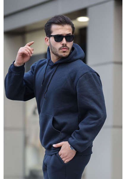 Unisex Basic Relax Fit Lacivert Hoodie Sweatshirt fiyatları