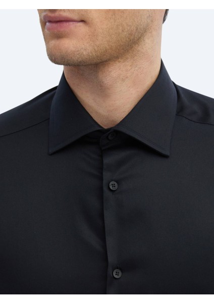 Siyah Düz Slim Fit Dokuma Klasik Pamuk Gömlek