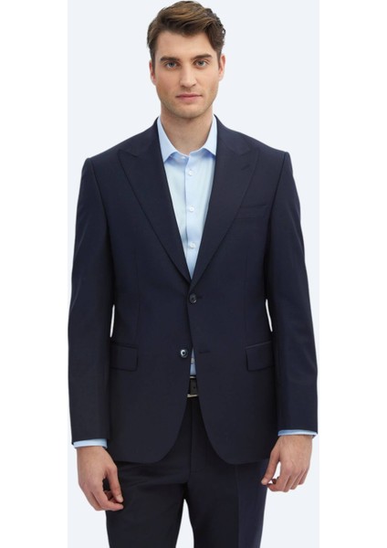 Lacivert Düz Modern Fit Yün Karışımlı Takım Elbise