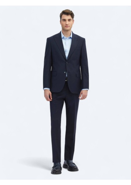 Lacivert Düz Modern Fit Yün Karışımlı Takım Elbise
