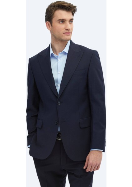 Lacivert Düz Modern Fit Yün Karışımlı Takım Elbise