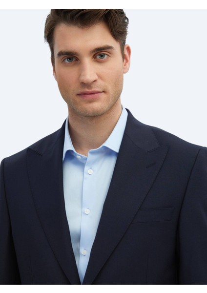 Lacivert Düz Modern Fit Yün Karışımlı Takım Elbise