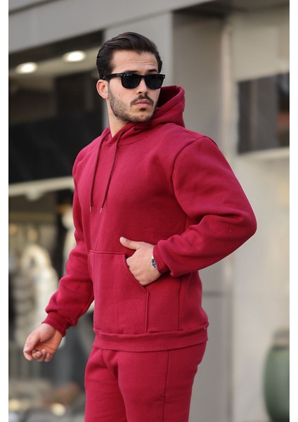 Unisex Basic Relax Fit Bordo Hoodie Sweatshirt