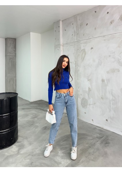 Kadın Esnek/likralıyüksek Bel Mom Jeans fırsatları