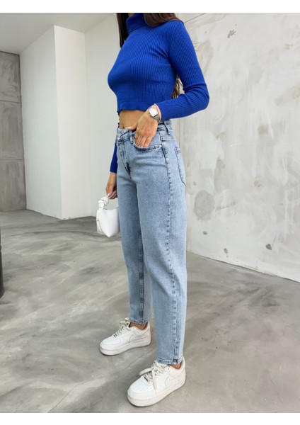 Kadın Esnek/likralıyüksek Bel Mom Jeans indirimleri
