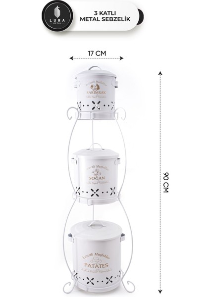 3 Katlı Ferforje Beyaz Metal Patates ve Soğan Sepeti - 17X90 cm Sebzelik Depolama Kabı