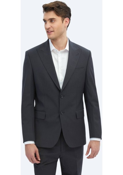 Antrasit Düz Modern Fit Yün Karışımlı Takım Elbise