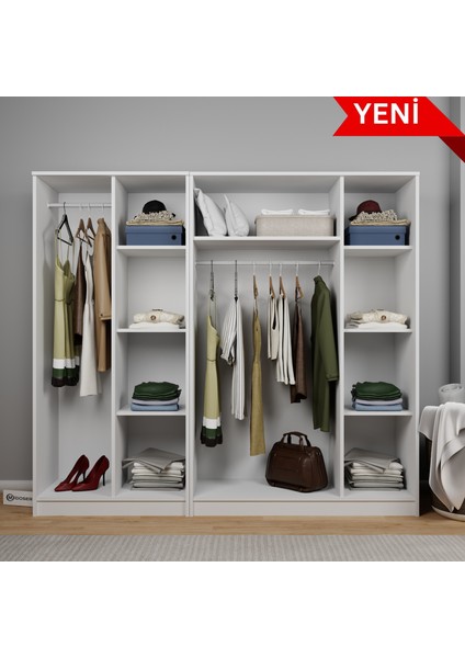 Kardelen Serisi 200 cm Mat Beyaz 5 Kapılı 9 Raflı Elbise Dolabı - Gardırop Seti