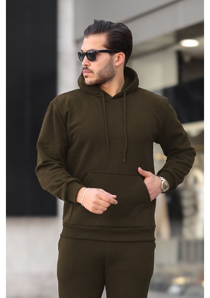 Unisex Basic Relax Fit Haki Hoodie Sweatshirt