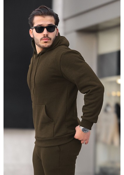 Unisex Basic Relax Fit Haki Hoodie Sweatshirt