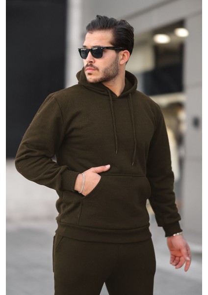 Unisex Basic Relax Fit Haki Hoodie Sweatshirt