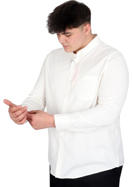 Mode Xl Büyük Beden Erkek Uzun Kol Gömlek Cepli Oxford U20367 Ekru