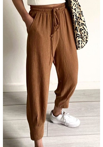 Kadın Kahverengi Bel Lastikli Paçası Pensli Mevsimlik Jogger Pantolon
