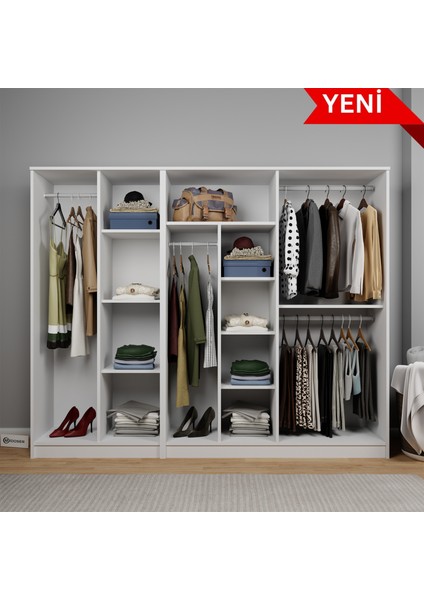 Kardelen Serisi 220 cm Mat Beyaz 6 Kapılı 9 Raflı Elbise Dolabı - Gardırop Seti