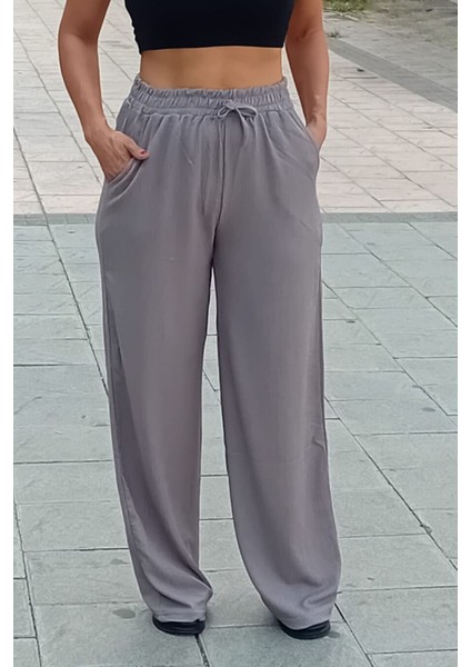 Kadın Gri Beli Lastikli Cepli Bol Paça Mevsimlik Pantolon