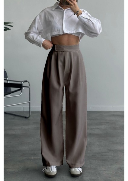 Kadın Bej Beli Cırt Cırtlı Pileli Bol Paça Palazzo Pantolon Wide Leg