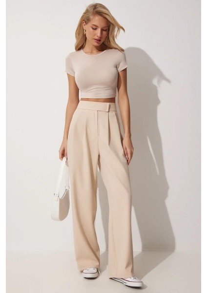 Kadın Beli Cırt Cırtlı Pileli Bol Paça Palazzo Pantolon Wide Leg fiyatları