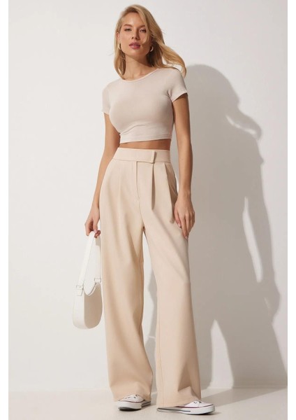 Kadın Beli Cırt Cırtlı Pileli Bol Paça Palazzo Pantolon Wide Leg modelleri