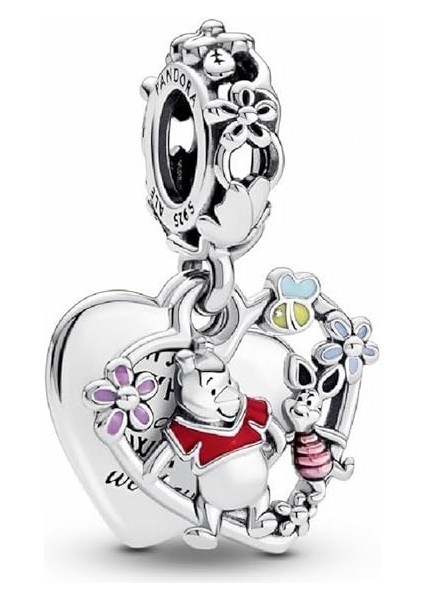Charm Disney Winnie The Pooh ve Piglet 925 Ayar Gümüş 5 mm Kalp Temalı