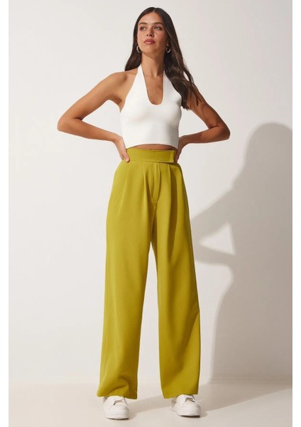 Kadın Beli Cırt Cırtlı Pileli Bol Paça Palazzo Pantolon Wide Leg