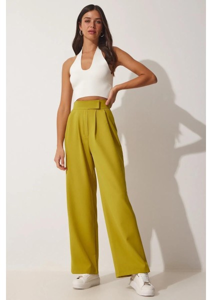 Kadın Beli Cırt Cırtlı Pileli Bol Paça Palazzo Pantolon Wide Leg fiyatları