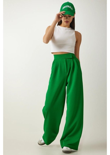 Kadın Beli Cırt Cırtlı Pileli Bol Paça Palazzo Pantolon Wide Leg