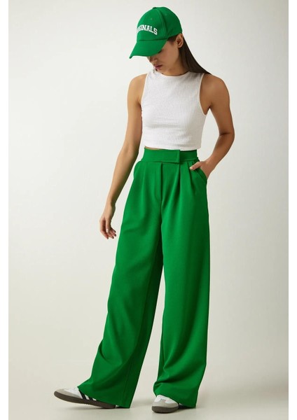 Kadın Beli Cırt Cırtlı Pileli Bol Paça Palazzo Pantolon Wide Leg fiyatları