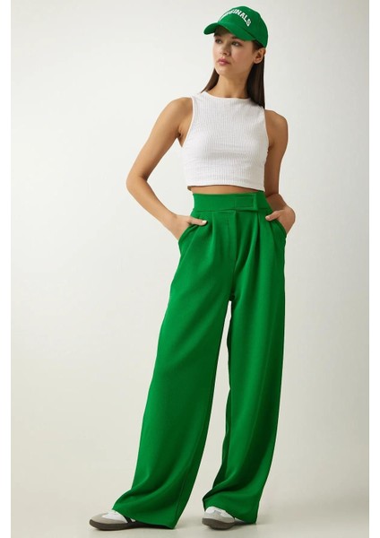 Kadın Beli Cırt Cırtlı Pileli Bol Paça Palazzo Pantolon Wide Leg modelleri