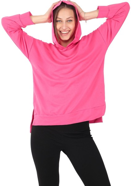 Kapüşonlu Yanları Yırtmaçlı Pembe Renk Kadın Sweatshirt (PCST073)