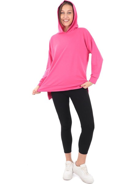 Kapüşonlu Yanları Yırtmaçlı Pembe Renk Kadın Sweatshirt (PCST073)