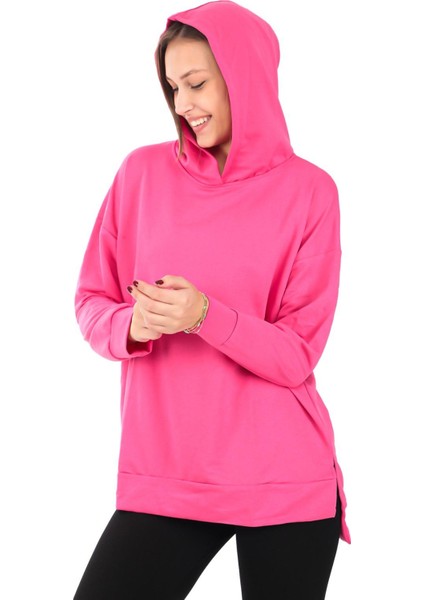 Kapüşonlu Yanları Yırtmaçlı Pembe Renk Kadın Sweatshirt (PCST073)