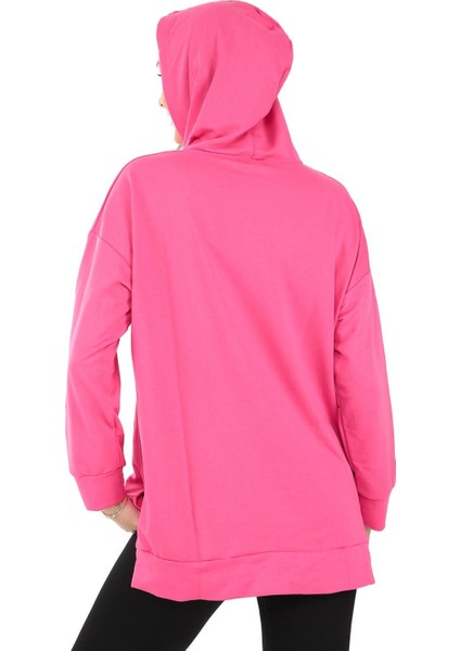 Kapüşonlu Yanları Yırtmaçlı Pembe Renk Kadın Sweatshirt (PCST073)