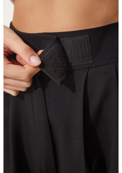 Kadın Siyah Beli Cırt Cırtlı Pileli Bol Paça Palazzo Pantolon Wide Leg modelleri