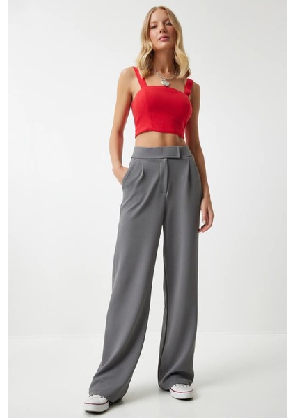 Kadın Beli Cırt Cırtlı Pileli Bol Paça Palazzo Pantolon Wide Leg