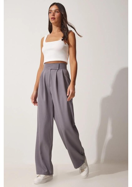 Kadın Beli Cırt Cırtlı Pileli Bol Paça Palazzo Pantolon Wide Leg modelleri
