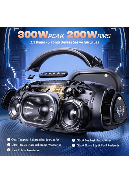 W-Kıng X20 Bluetooth Hoparlör 300W Boombox 24S Dinleme Ipx7 Kablosuz Stereo Tws Ses Bombası Siyah