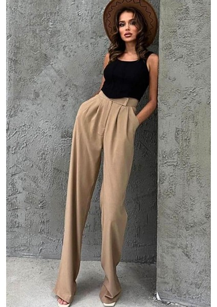 Kadın Beli Cırt Cırtlı Pileli Bol Paça Palazzo Pantolon Wide Leg