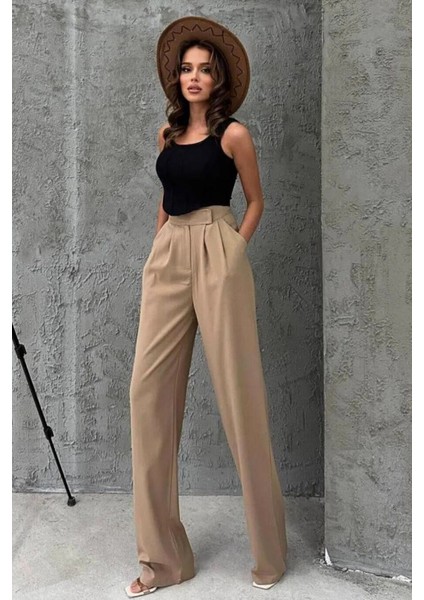Kadın Beli Cırt Cırtlı Pileli Bol Paça Palazzo Pantolon Wide Leg fiyatları