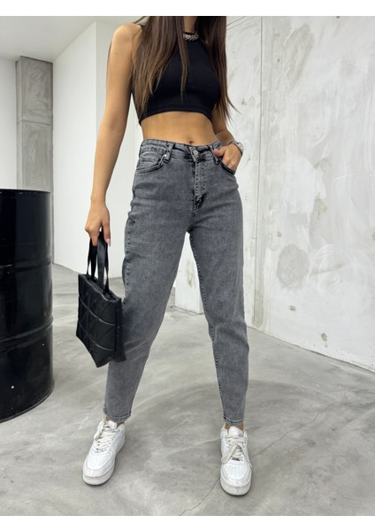 Kadın Esnek/likralıyüksek Bel Mom Jeans