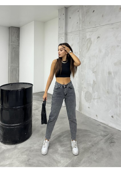 Kadın Esnek/likralıyüksek Bel Mom Jeans fırsatları