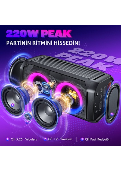 W-Kıng T11 Bluetooth Hoparlör 220W Partybox 24S Dinleme Işıklı Ipx6 Kablosuz Stereo Tws Ses Bombası Siyah