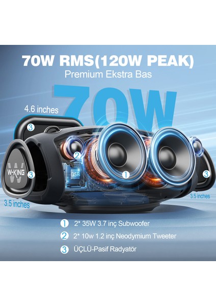 W-Kıng X10 Bluetooth Hoparlör 120W Xtreme Bass 42S Dinleme Ipx6 Kablosuz Stereo Tws Ses Bombası Siyah