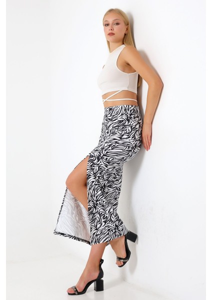 Dalgıç Kumaş Yırtmaçlı Uzun Etek Maxi Boy 92 cm Zebra Desen fırsatları