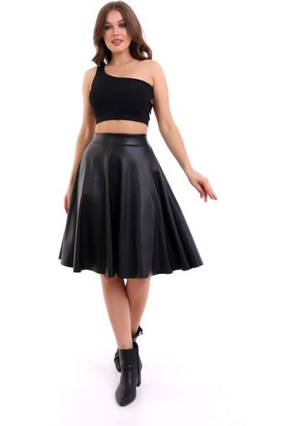 Kloş Etek Suni Deri Diz Boy