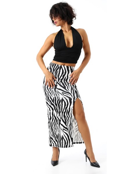 Dalgıç Kumaş Yırtmaçlı Uzun Etek 92 cm Zebra Deseni ile Şık ve Rahat fırsatları