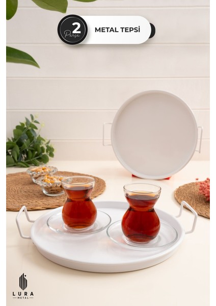 2\'li Vera Beyaz Metal Çay ve Kahve Sunum Tepsisi Seti - 25 cm Modern Şıklık