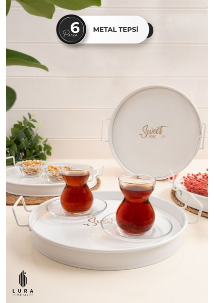 6\'lı Beyaz \"sweet Home\" Baskılı Metal Çay ve Kahve Sunum Tepsisi Seti - 25 cm ile Zarif Sunumlar