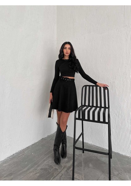 Kloş Süet Etek Kemerli / Suede Skırt